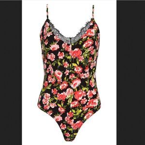 Leith Lace Trim Floral Roses Print Thong Bodysuit Size XL